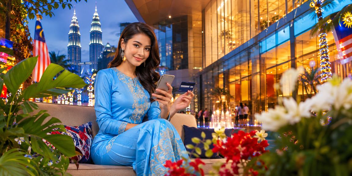 Pengguna Malaysia membuat deposit melalui telefon pintar dengan pakaian baju kurung
